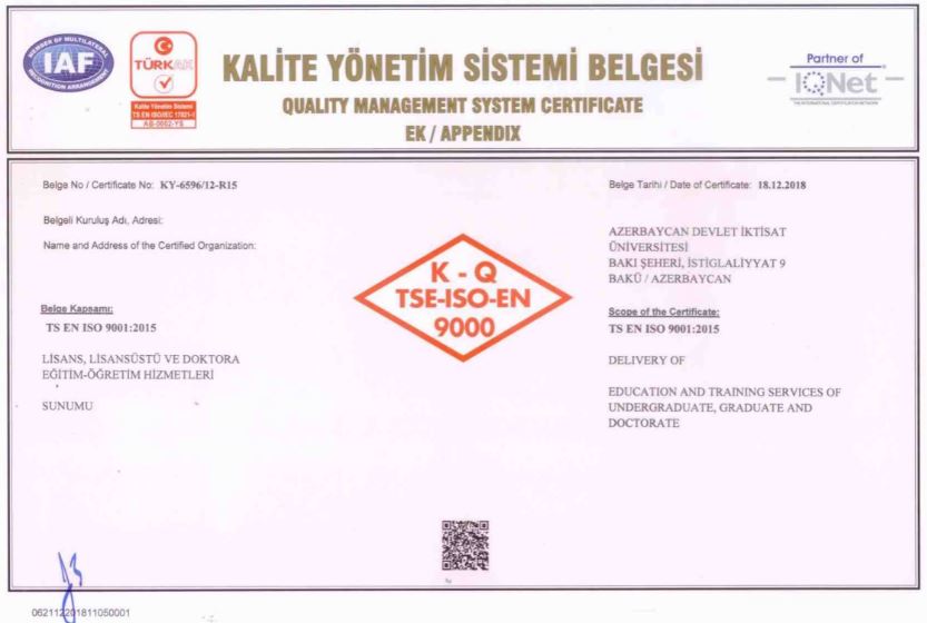 UNEC “ISO 9001:2015 “Keyfiyyəti İdarəetmə Sistemi” üzrə yeni standart sertifikatı alıb